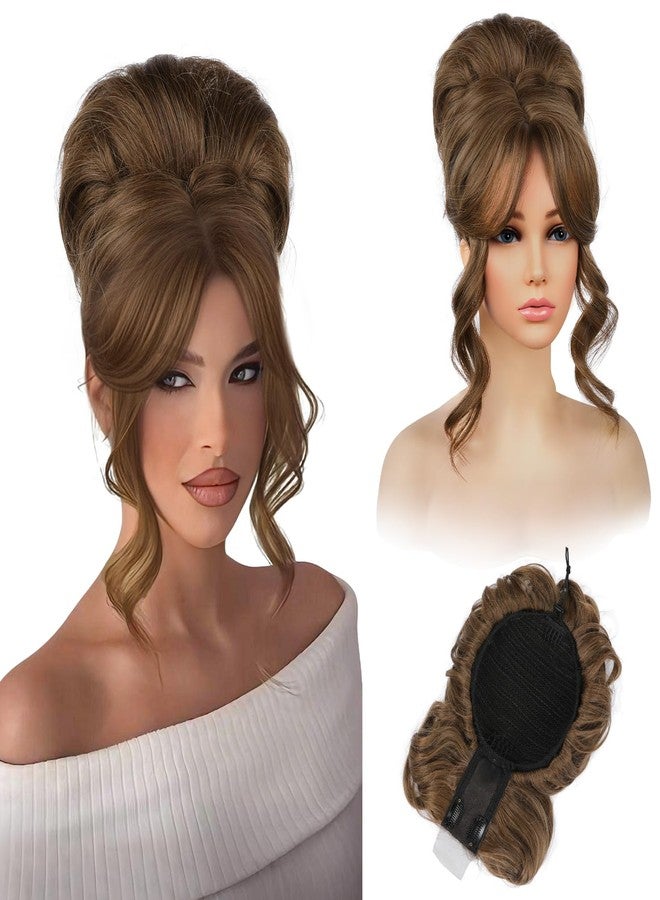 REECHO Messy Bun Hair Piece with Bangs – 2-in-1 Drawstring Ponytail Extension Updo Wig & Hair Topper with Long Side Bangs, Natural-Looking Hair Bun Hairpieces for Women - Light Brown - Image 1